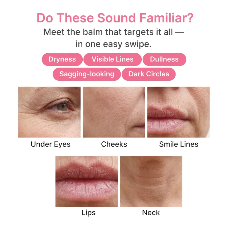 Official medicube image: dryness, visible lines, dullness, sagging-looking skin and dark circles on under eyes, cheeks, smile lines, lips and neck